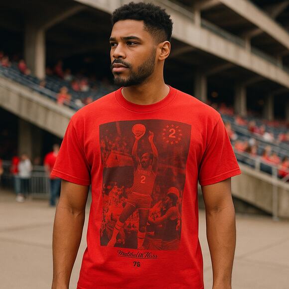 Mitchell & Ness Philadelphia 76ers Moses Malone NBA Graphic T Shirt Red Men's XL - Picture 1 of 7